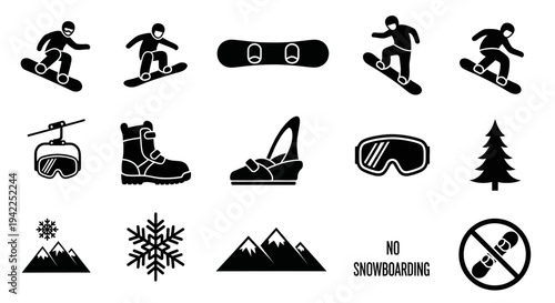Collection of snowboarding icons featuring athletes, gear, and winter scenery from various viewpoints