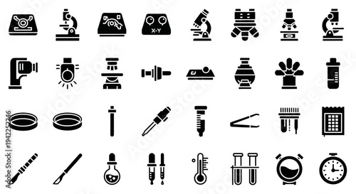 Collection of scientific instruments and laboratory equipment icons displayed in a grid layout