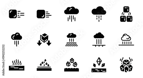 Collection of weather icons representing various meteorological phenomena and environmental elements depicted in a simple design format