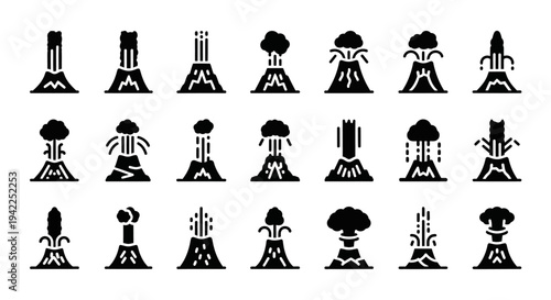 Collection of diverse volcano eruption illustrations in various styles and stages from different viewpoints