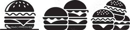 A collection of black silhouette hamburger icons with sesame seed buns on a clean white background