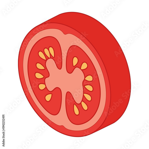 A vibrant, isometric illustration of a single, juicy tomato slice, showcasing its internal structure with seeds and pulp.