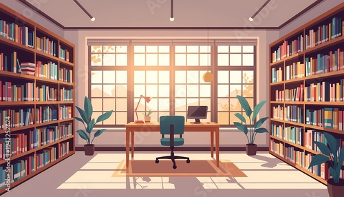 Cozy Library Interior with Bookshelves and Sunlight Flat Illustration
