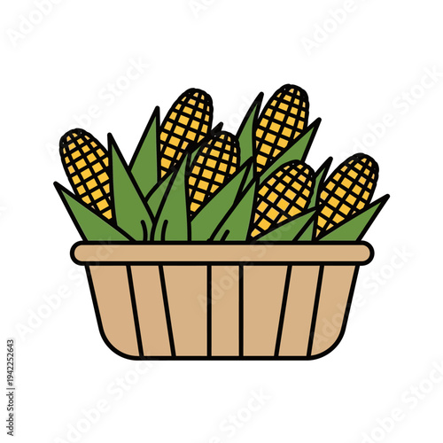 A basket overflowing with freshly harvested ears of corn, showcasing their vibrant yellow kernels and green husks.