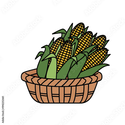A woven basket overflowing with fresh, ripe ears of corn, showcasing a bountiful harvest of this popular grain.