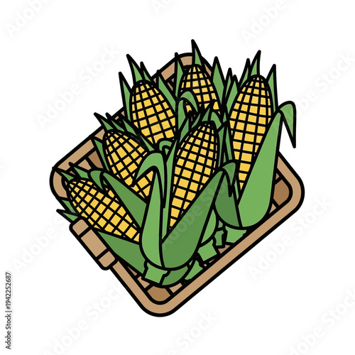 A basket overflowing with freshly harvested ears of corn, showcasing their vibrant yellow kernels and green husks.