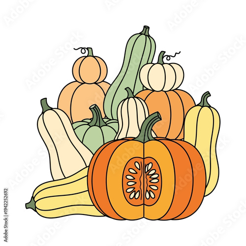 A vibrant illustration of a bountiful harvest of various pumpkins and gourds, artfully arranged in a festive autumn display.