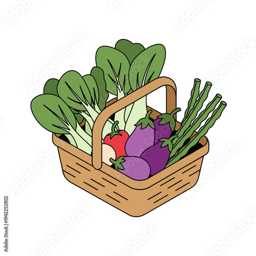 A woven basket overflowing with fresh, vibrant vegetables including bok choy, eggplants, asparagus, and a red bell pepper.