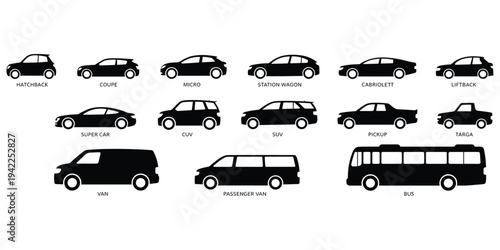 A Grid of Black Vehicle Silhouettes Labeled with Their Types automobile
