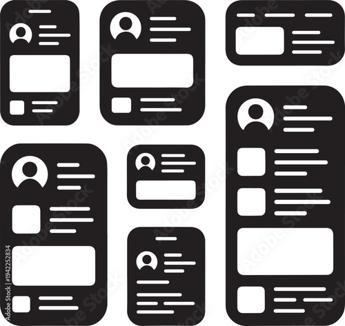 A set of black and white icons depicting user profiles and contact forms for mobile applications