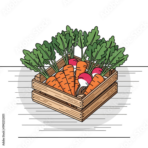 A wooden crate overflowing with fresh carrots and radishes, showcasing vibrant green tops and earthy roots.