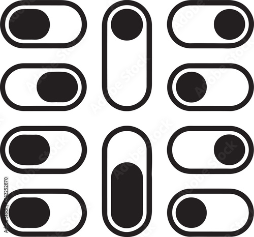 A simplified collection of black and white toggle switch icons demonstrating various states