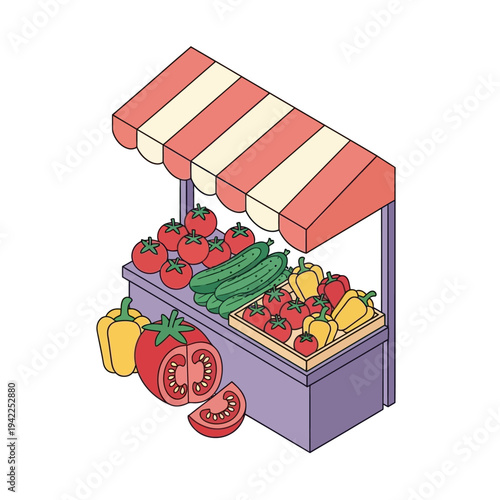 A colorful isometric illustration of a market stall overflowing with fresh produce, including tomatoes, cucumbers, and bell peppers.