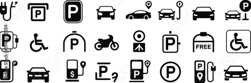 Assortment of Parking and Transportation Icons with Variations electric car charging station