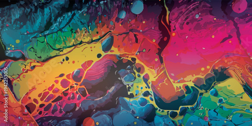 Vibrant Abstract Fluid Art with Swirling Colors and Bubbles.