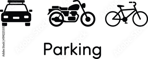 Black silhouette icons of car motorcycle and bicycle with word parking bike vehicle
