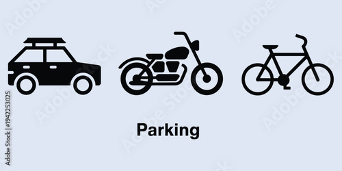Black silhouette icons of car motorcycle and bicycle with word parking on light blue bike vehicle