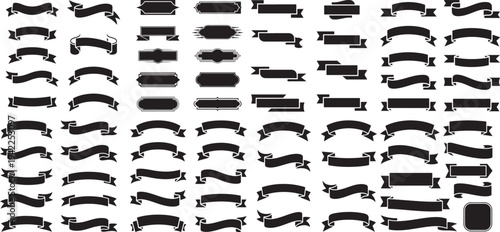 Diverse collection of black banners, seals, stamps, and speech bubbles on a plain white background