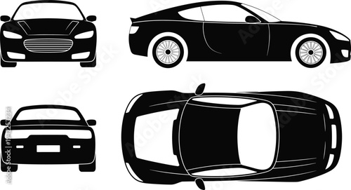 Black Silhouette Sports Car And Sedan From Multiple Angles On White Background automobile vehicle