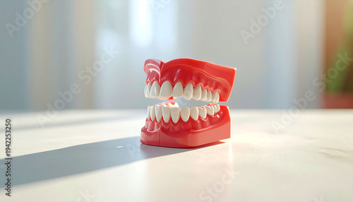 Artificial teeth model on a clean white surface with soft light and shadow, highlighting dental care and health