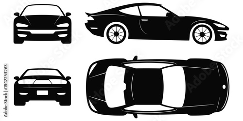 Black silhouette of a sports car from front side and top views Keywords: car, sports car, coupe, automobile, vehicle, transport