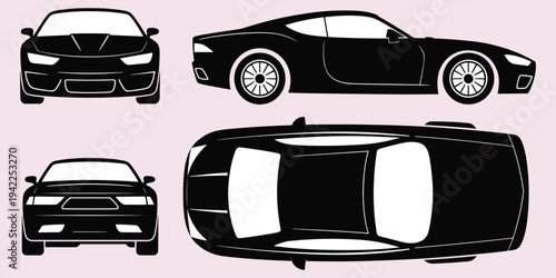 Black Silhouette Sports Car And Sedan Multiple Views On Pink Background automobile vehicle