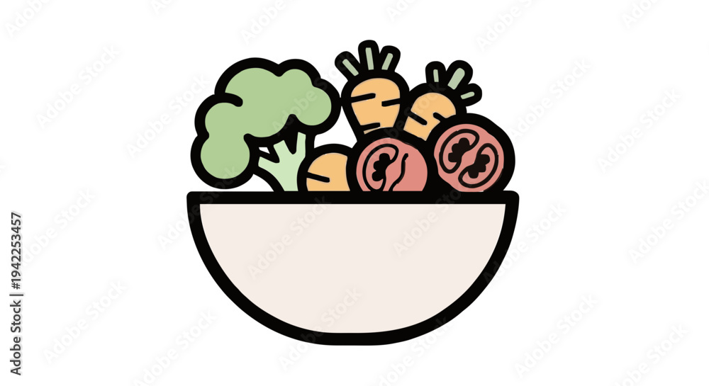 Fototapeta premium Vibrant graphic icon of a bowl filled with fresh, healthy vegetables broccoli, carrots, and tomatoes, symbolizing nutritious eating, balanced diet, and overall wellness