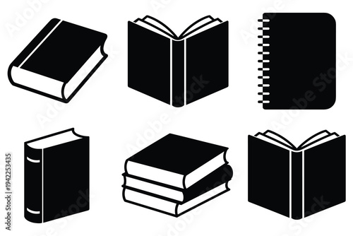 Collection of black book and notebook icons in isometric and flat views Keywords: book, notebook, open book, closed book, stack