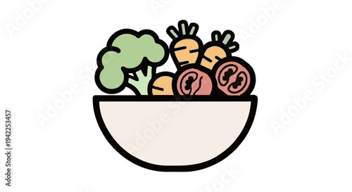 Vibrant graphic icon of a bowl filled with fresh, healthy vegetables broccoli, carrots, and tomatoes, symbolizing nutritious eating, balanced diet, and overall wellness