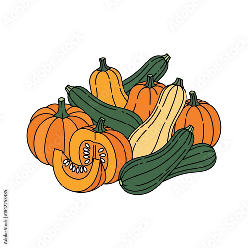 A vibrant illustration of a bountiful harvest featuring various types of pumpkins and zucchinis, artfully arranged in a pile.