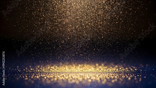 Glowing gold particles scattering widely on a dark surface