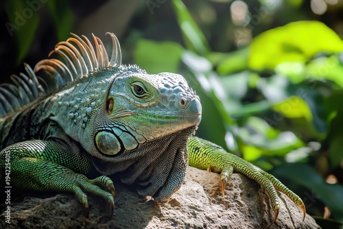 Close-up iguana resting on rock in a bright tropical garden setting