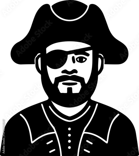 Hand Drawn Male Pirate Black and White Avatar Illustration in Minimal Line Art Style Design