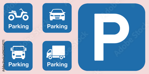 Parking signs with different vehicle icons and large P symbol truck motorcycle