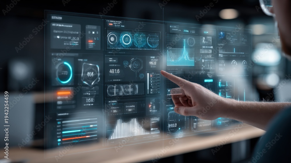 Fototapeta premium Man Interacting with Futuristic Interface Displaying Data Analytics and Business Intelligence Metrics in a Modern Office