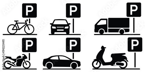Set of black vehicle parking icons with P signs on white background Keywords: parking, icon, sign, symbol, bicycle, car