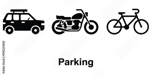 Silhouette Icons of Car, Motorcycle, and Bicycle with Text bike