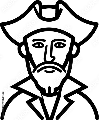 Hand Drawn Male Pirate Black and White Avatar Illustration in Minimal Line Art Style Design