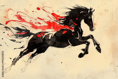 Energetic black horse leaps in red paint splash, a bold abstract illustration of freedom and power