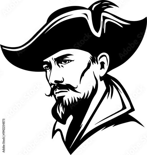 Hand Drawn Male Pirate Black and White Avatar Illustration in Minimal Line Art Style Design