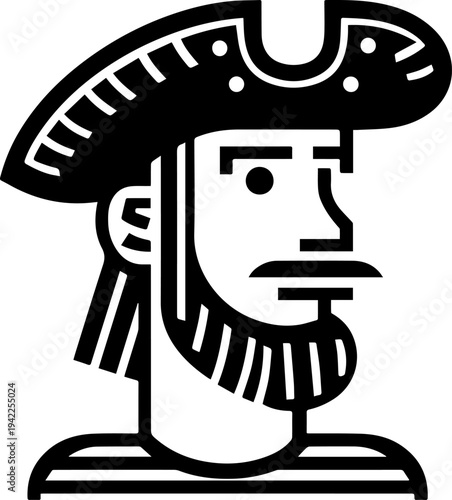 Hand Drawn Male Pirate Black and White Avatar Illustration in Minimal Line Art Style Design