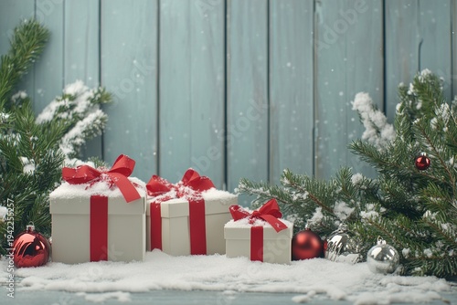 Winter holiday gift set with red ribbons and snowy pine branches for festive decor