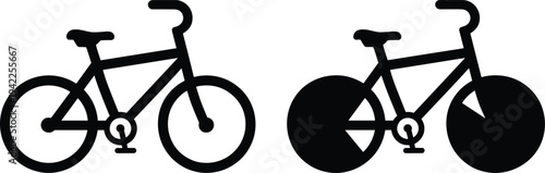 Two black silhouette icons of bicycles one with spokes and one with partial solid wheels bike two wheeler