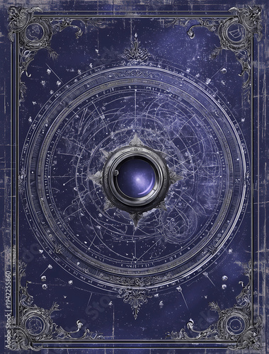 a fantasy book cover frame, with the center of it being an ornate camera lens, a celestial design, and a deep blue and silver color scheme
