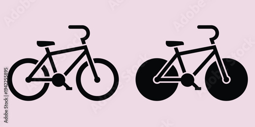 Two black silhouette icons of bicycles one with spokes and one with solid wheels on pink bike two wheeler