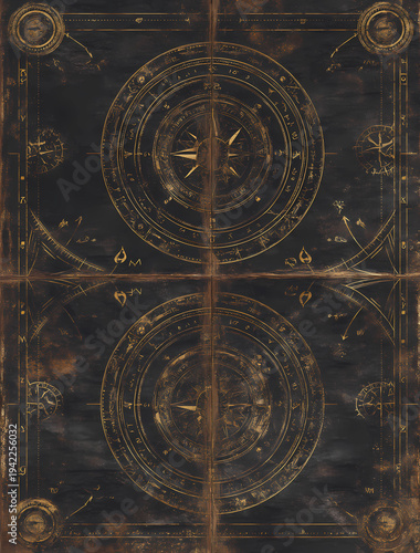 a black paper with golden ink drawings of medieval maps, circles and runes, symmetrical composition, dark background, mysterious atmosphere, fantasy artwork style