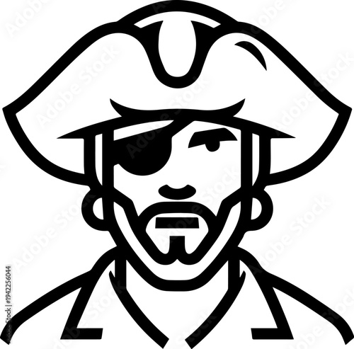 Hand Drawn Male Pirate Black and White Avatar Illustration in Minimal Line Art Style Design
