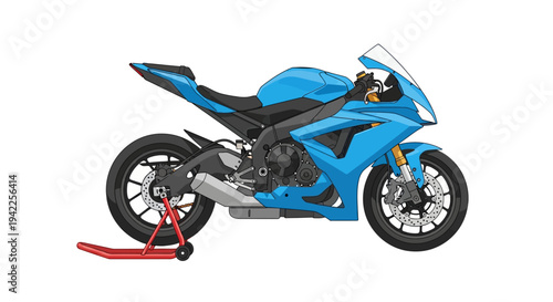 Blue Motorcycle on Stand.