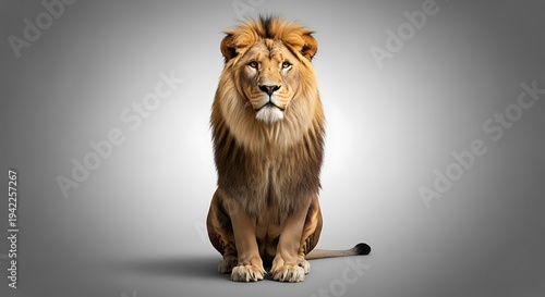 Majestic male lion sitting portrait close-up royalty wildlife animal strength leadership nature grey background