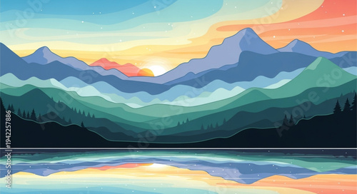 Colorful Mountain Landscape with Reflection in Water.